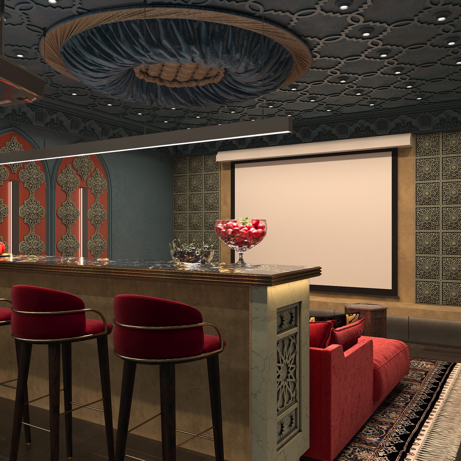 Интерьер Кинозала в цокольном этаже загородного дома в Восточном стиле