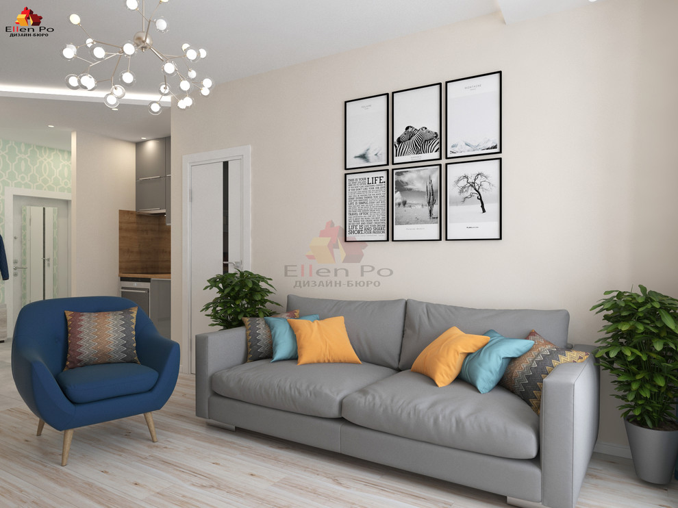 Дизайн однокомнатной квартиры, современный стиль с элементами скандинавского.