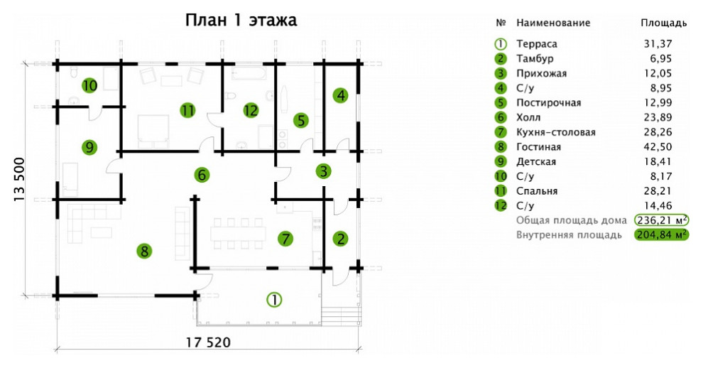 Одноэтажный дом из клееного бруса | Пегас 236