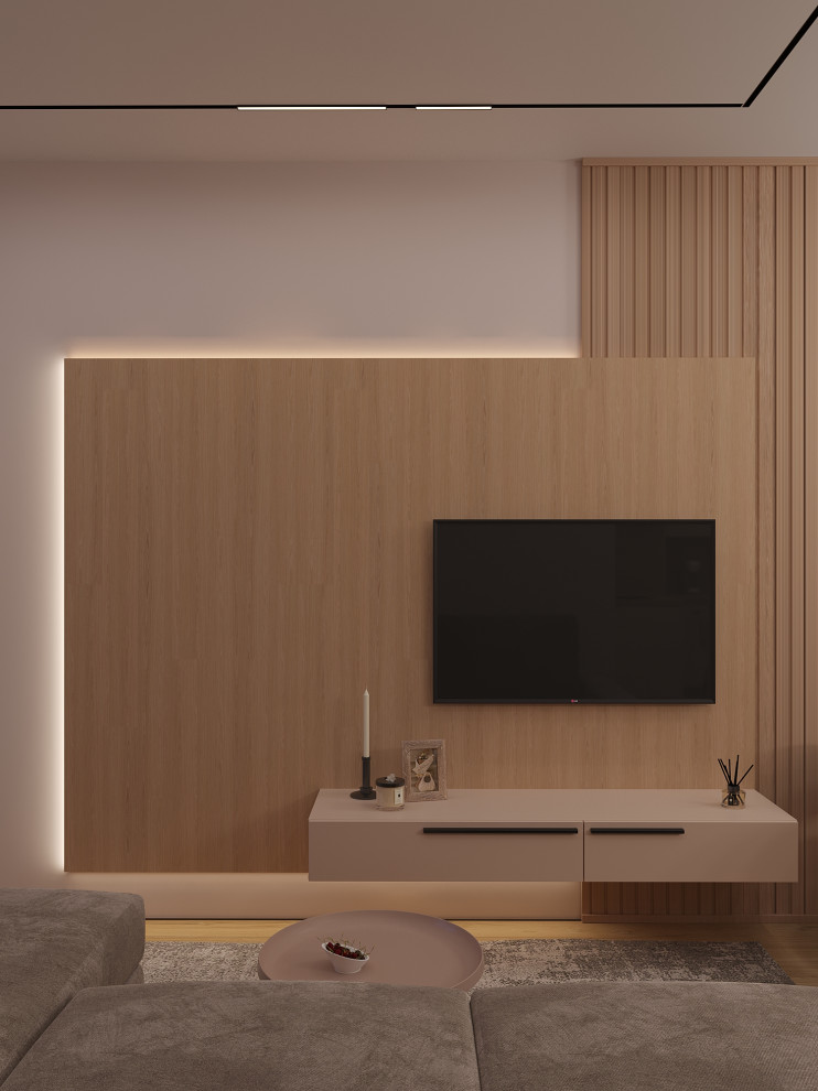 Уютная кухня-гостиная с вечерним сценарием освещения