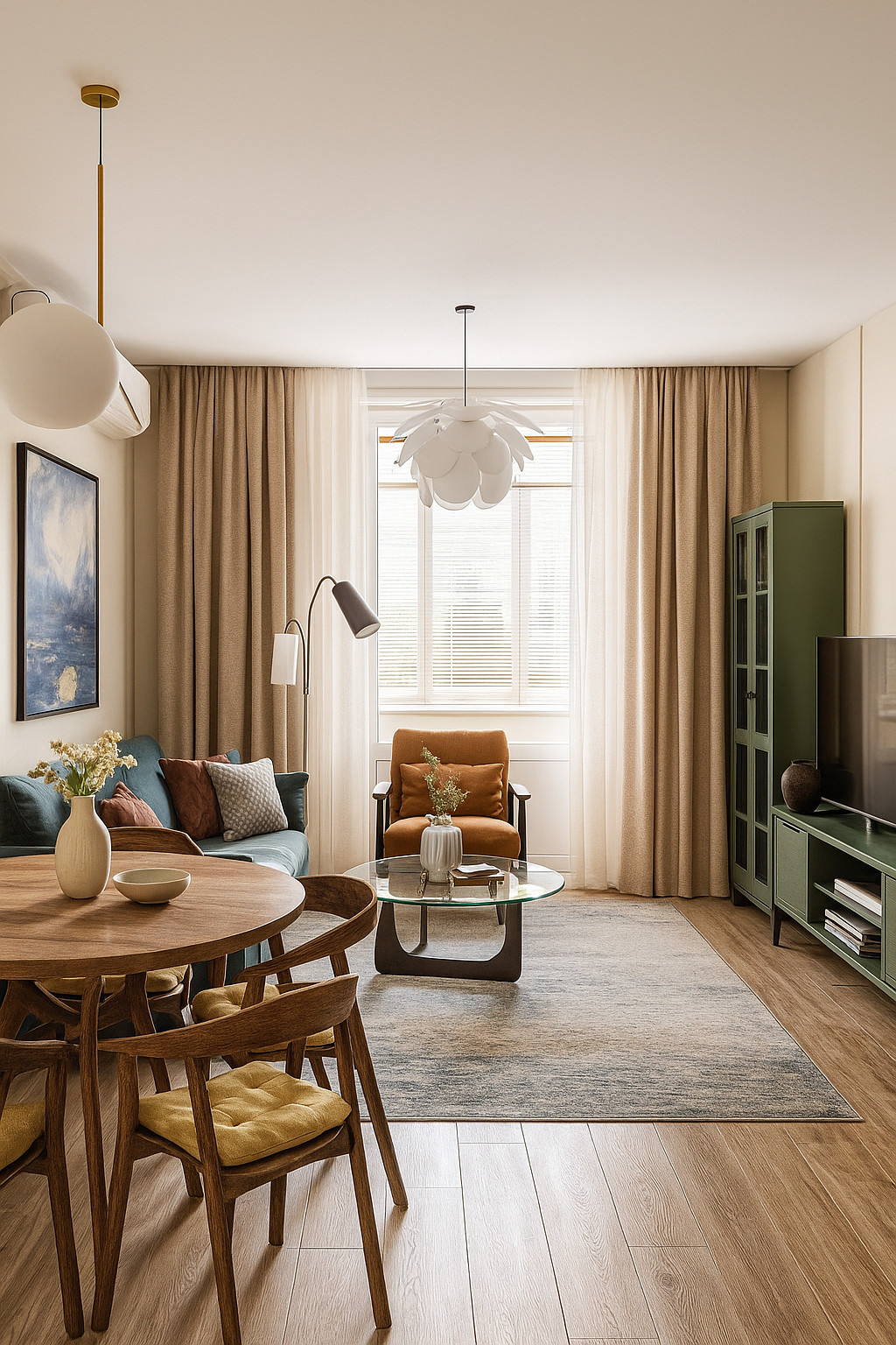 Кухня гостиная в миксе стилей mid century и скандинавского