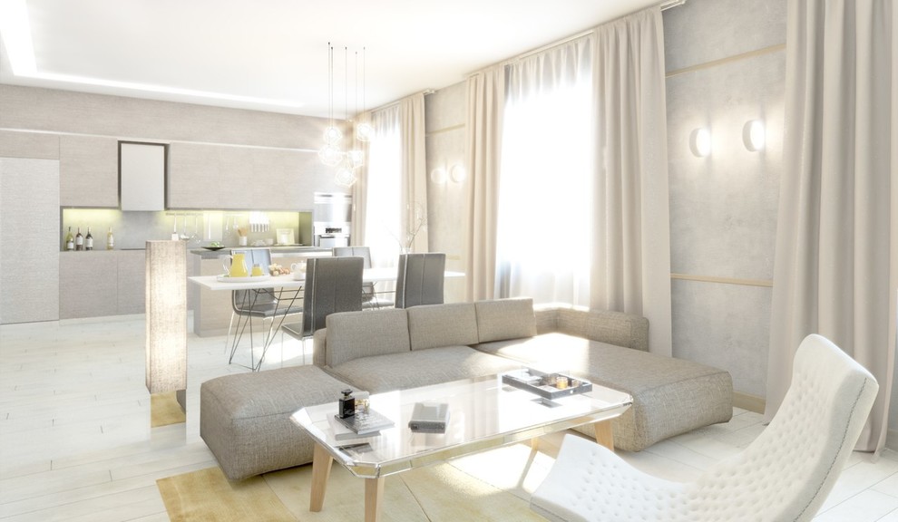Проект гостиной в стиле NY chic в перламутровых тонах от команды Artmore, 2015