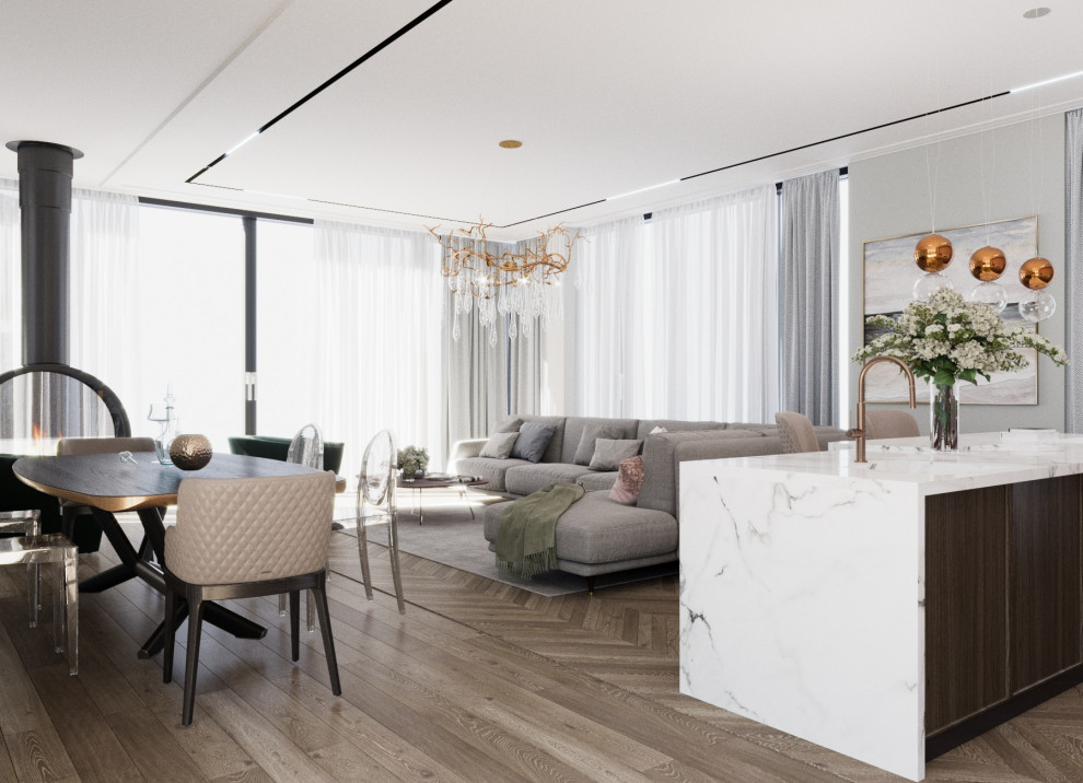 Проект интерьера общей зоны современного коттеджа