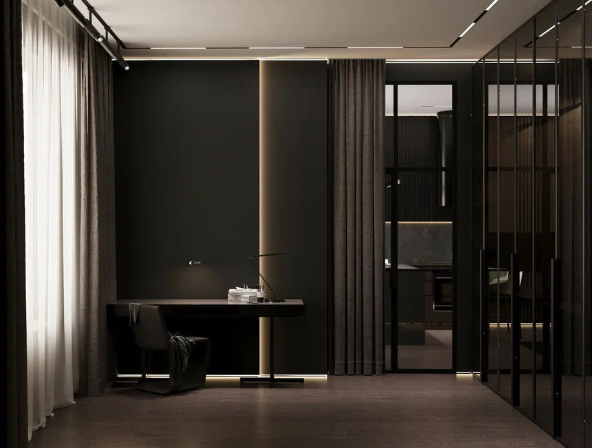 Квартира 54 м² для молодого человека в темных тонах с яркими акцентами