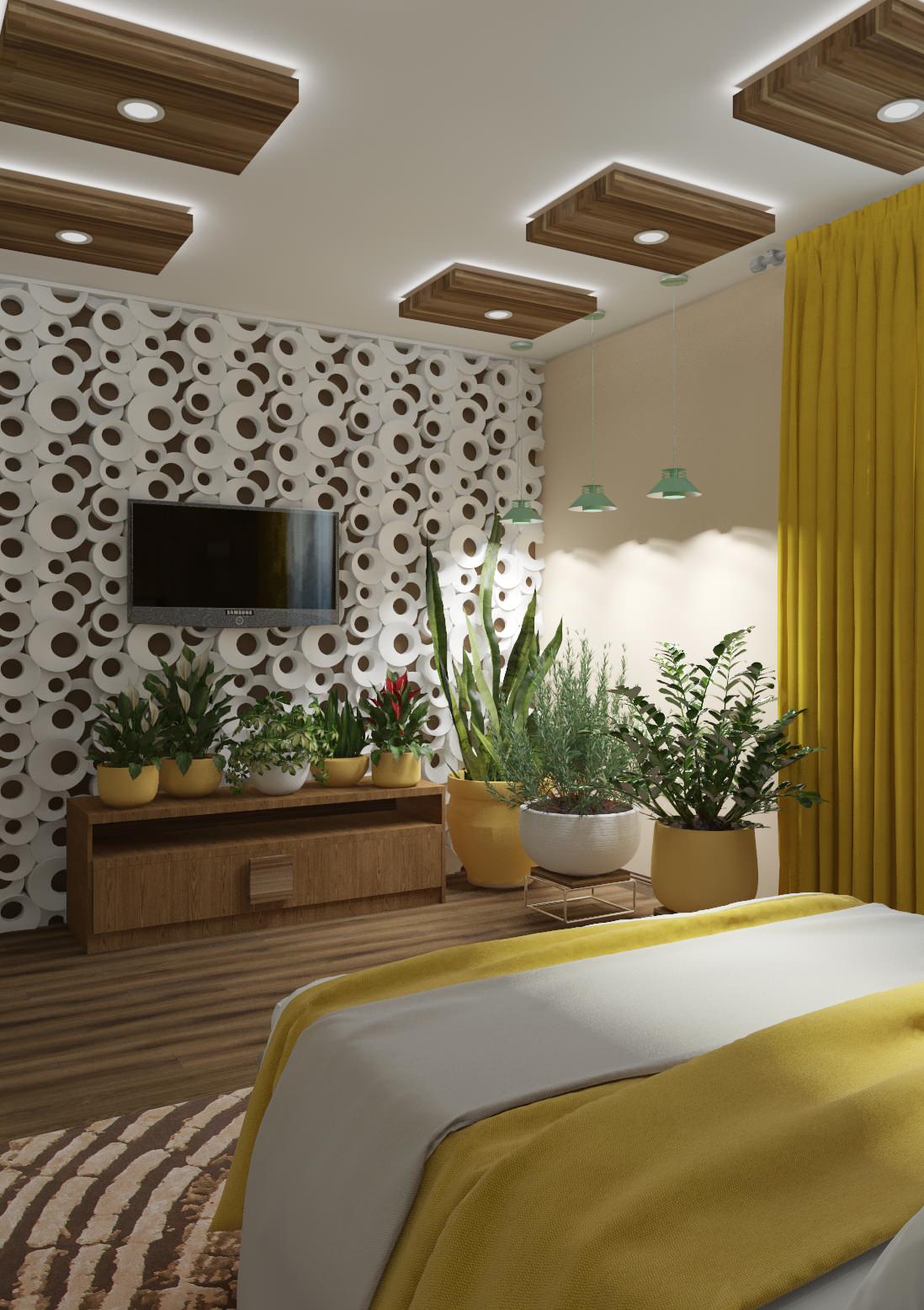 Хай тек в санузлах с плиткой Атем и экостиль с 3 Д панелью в спальне