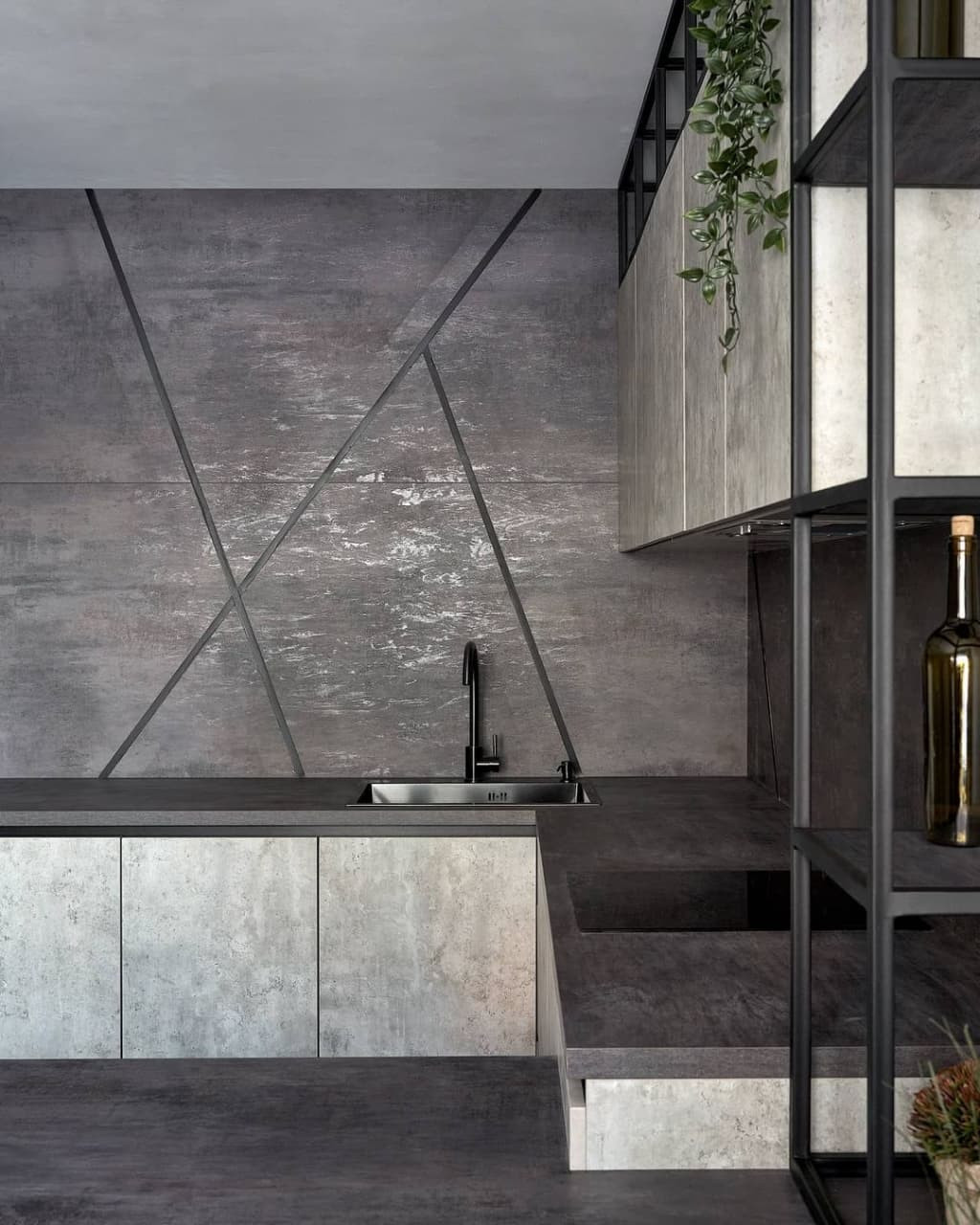 Дизайнерская угловая кухня серого цвета в стиле лофт с барной стойкой