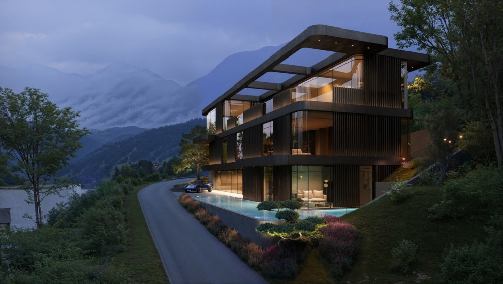 Обложка проекта: Архитектурная визуализация трёхэтажного загородного дома в окружении природы.