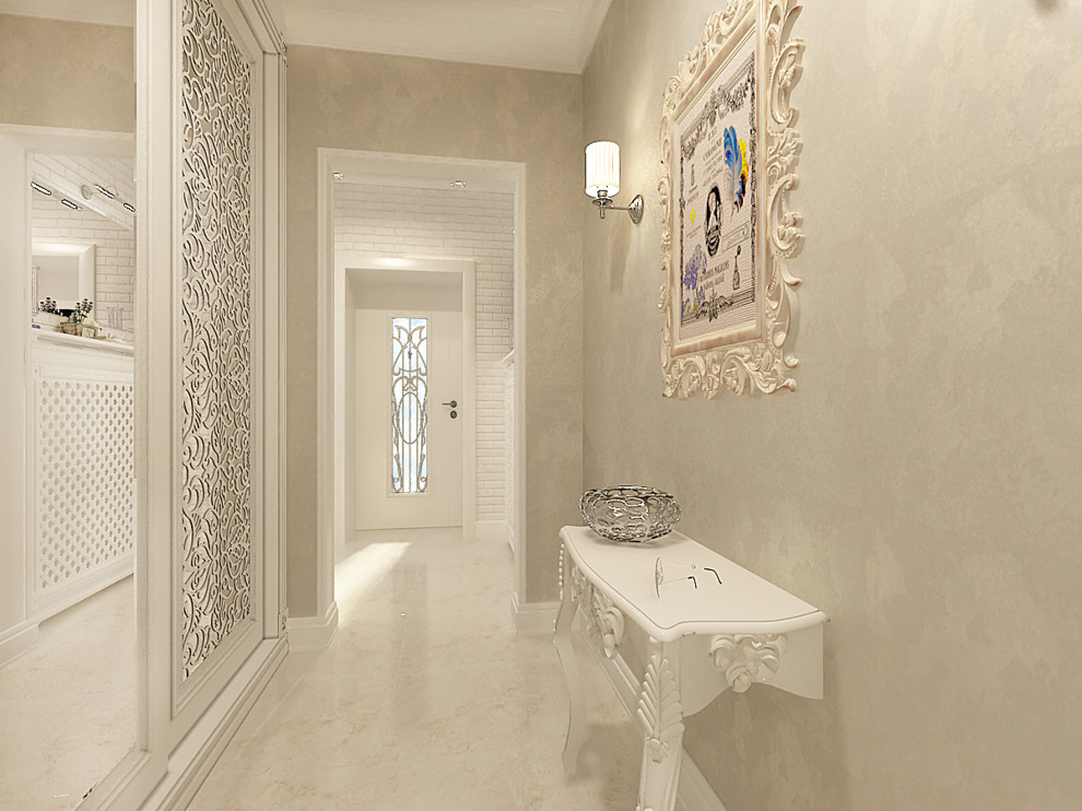 Кухня и гостиная в светлых тонах с сиреневыми акцентами