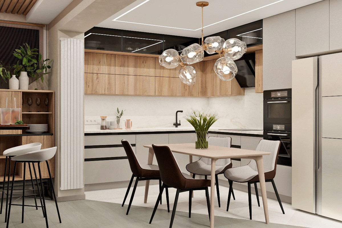 Обложка проекта: Уютная кухня-гостиная с камином