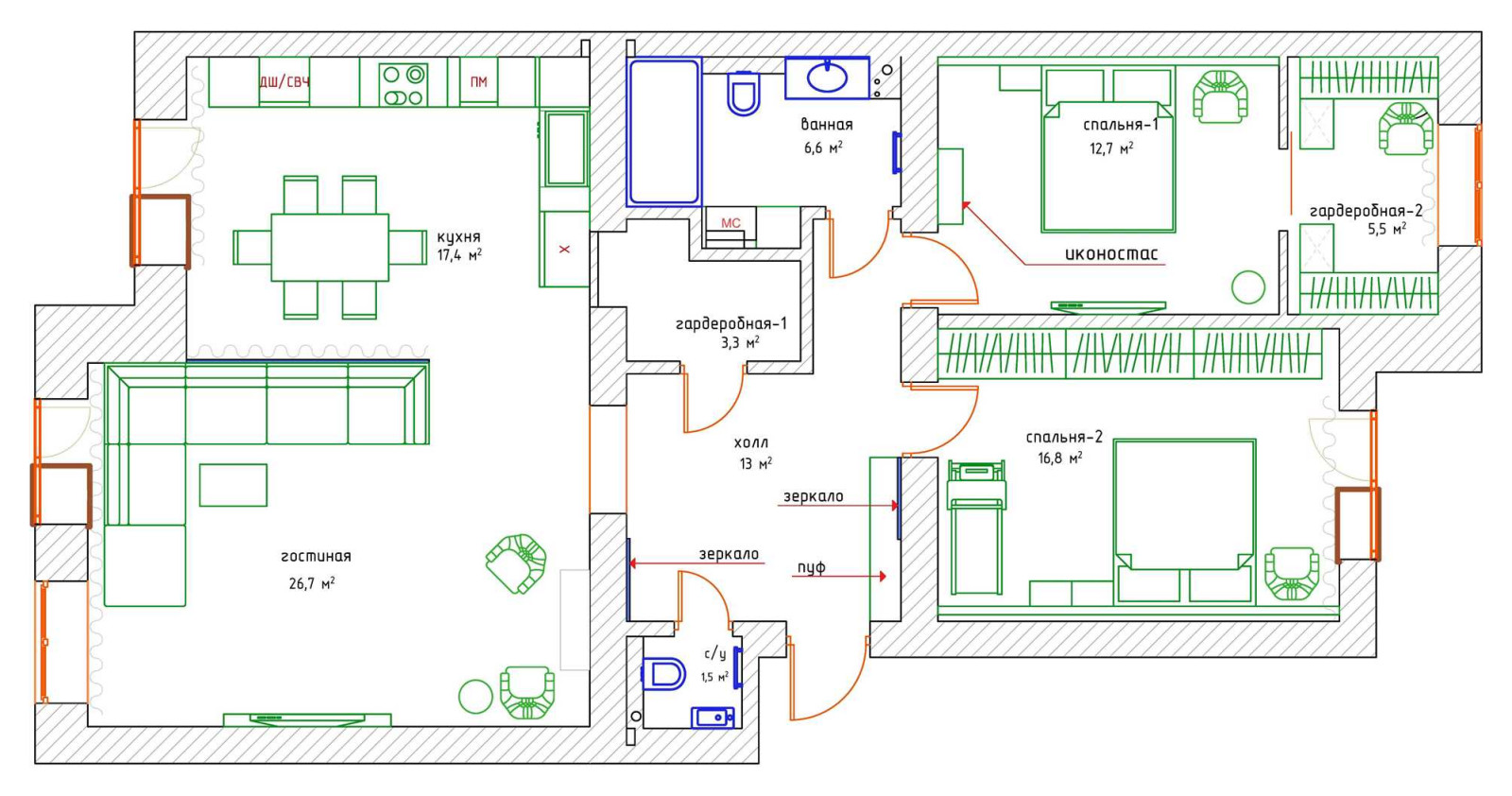 Эклектичный интерьер в ЖК Петровский, 100 кв. м. (г. Новосибирск)