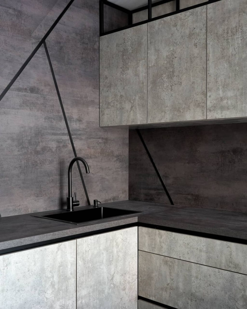 Дизайнерская угловая кухня серого цвета в стиле лофт с барной стойкой