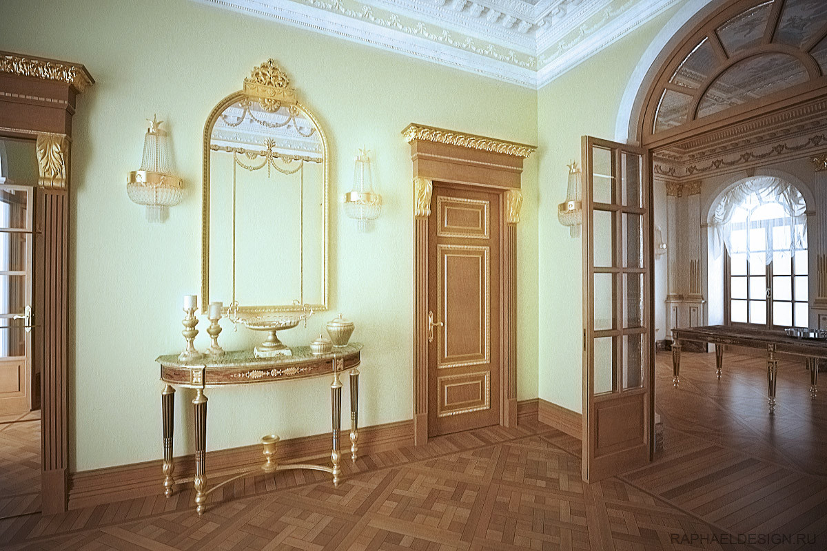 Дизайн проект интерьера прихожей загородного дома в неоклассическом стиле