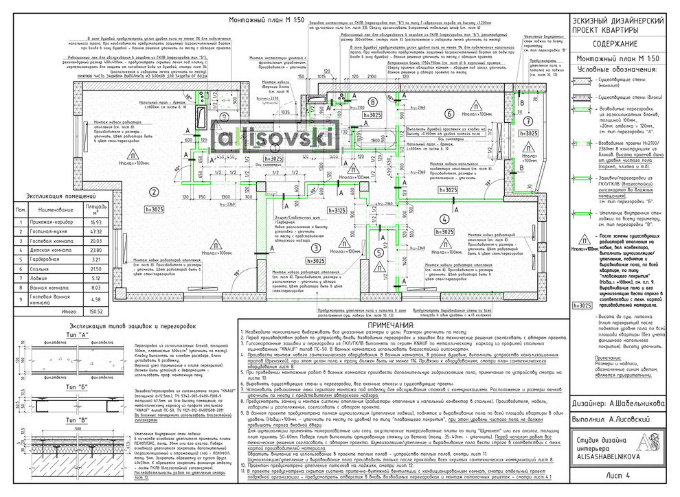 Проект рабочей документации (чертежей) для многокомнатной квартиры