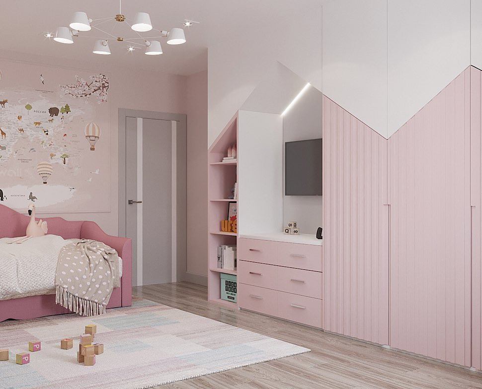 Нежная комната для девочки с картами мира на обоях Alltowall, которые можно мыть