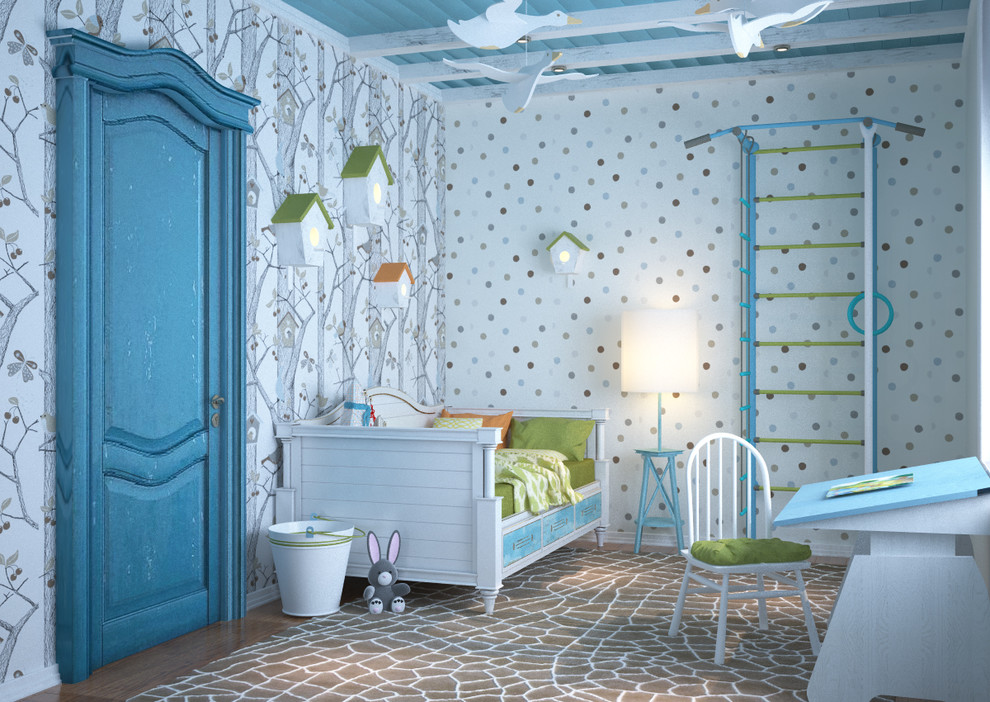 Kids room for a girl in light blue colors - 3D vizualization
