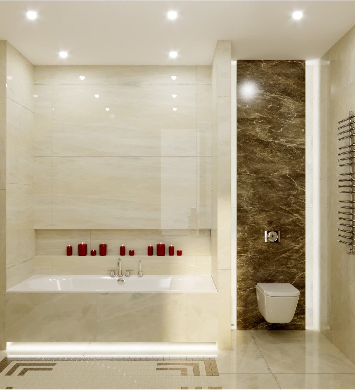 Ванная комната со светлой отделкой под мрамор