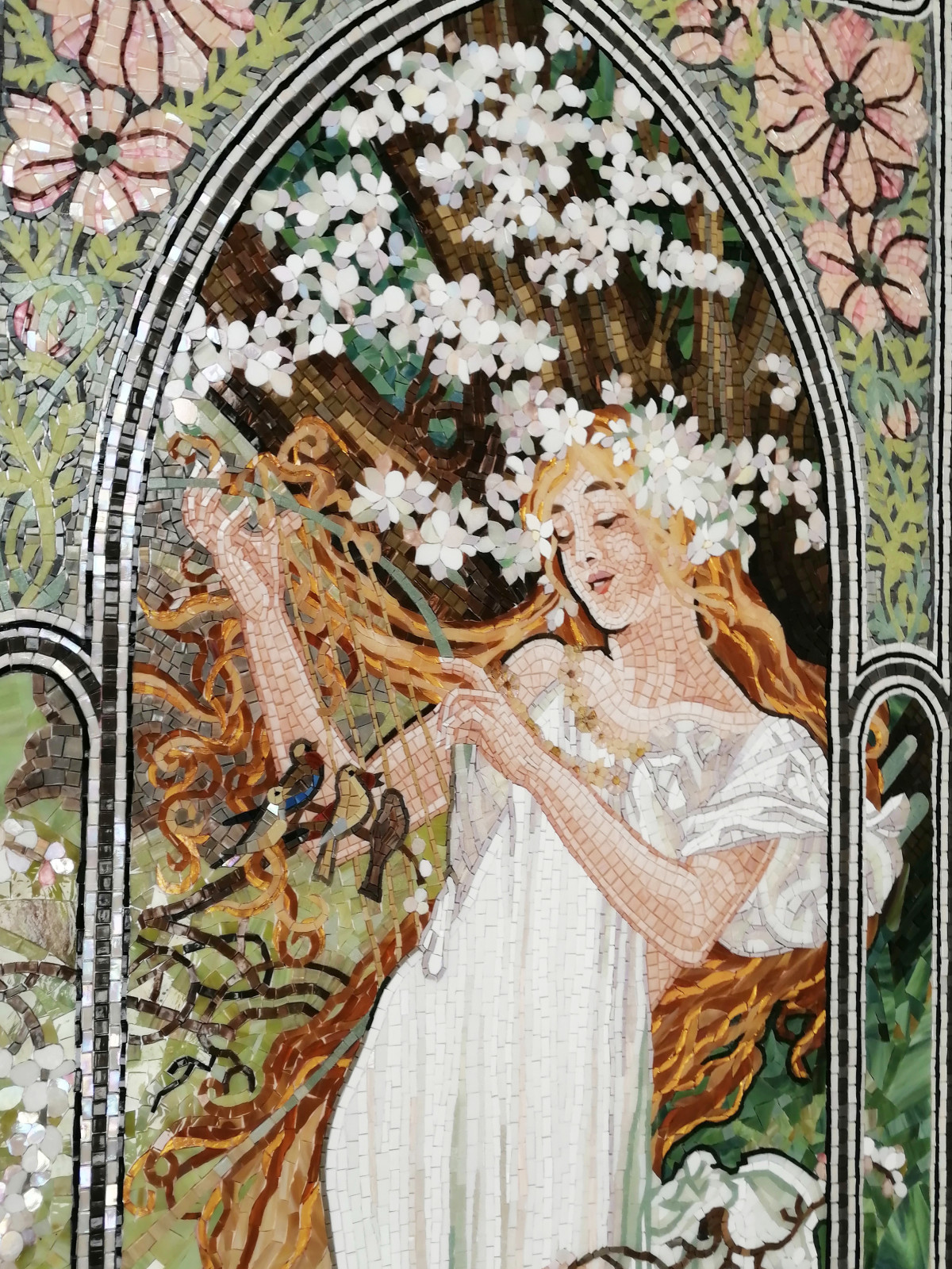 Artistic mosaic based on paintings by Alphonse Mucha "Seasons. Spring"