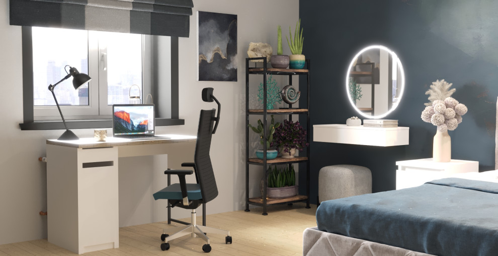 Атмосферная и уютная спальня с рабочим местом