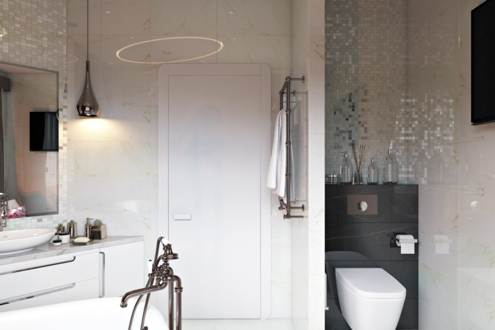 Дизайн спальни с мастер-санузлом в коттедже в современном авторском стиле