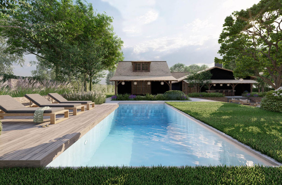 Проект участка с озером, бассейном и большой патио-зоной у дерева