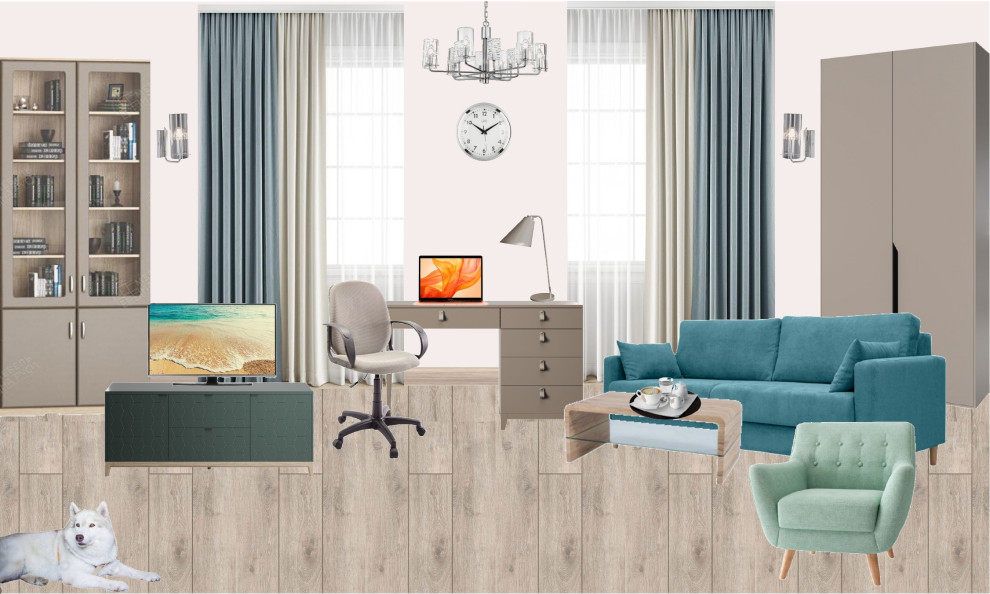 Коллаж гостиной 17,2 кв. метра с зоной отдыха, рабочим местом и чилл-аутом для д