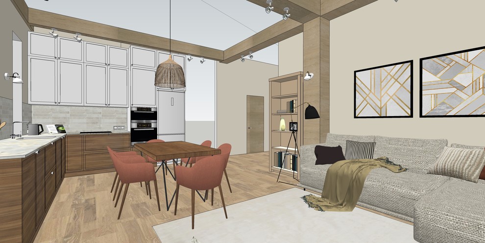 Деревянные балки в современной кухне-гостиной