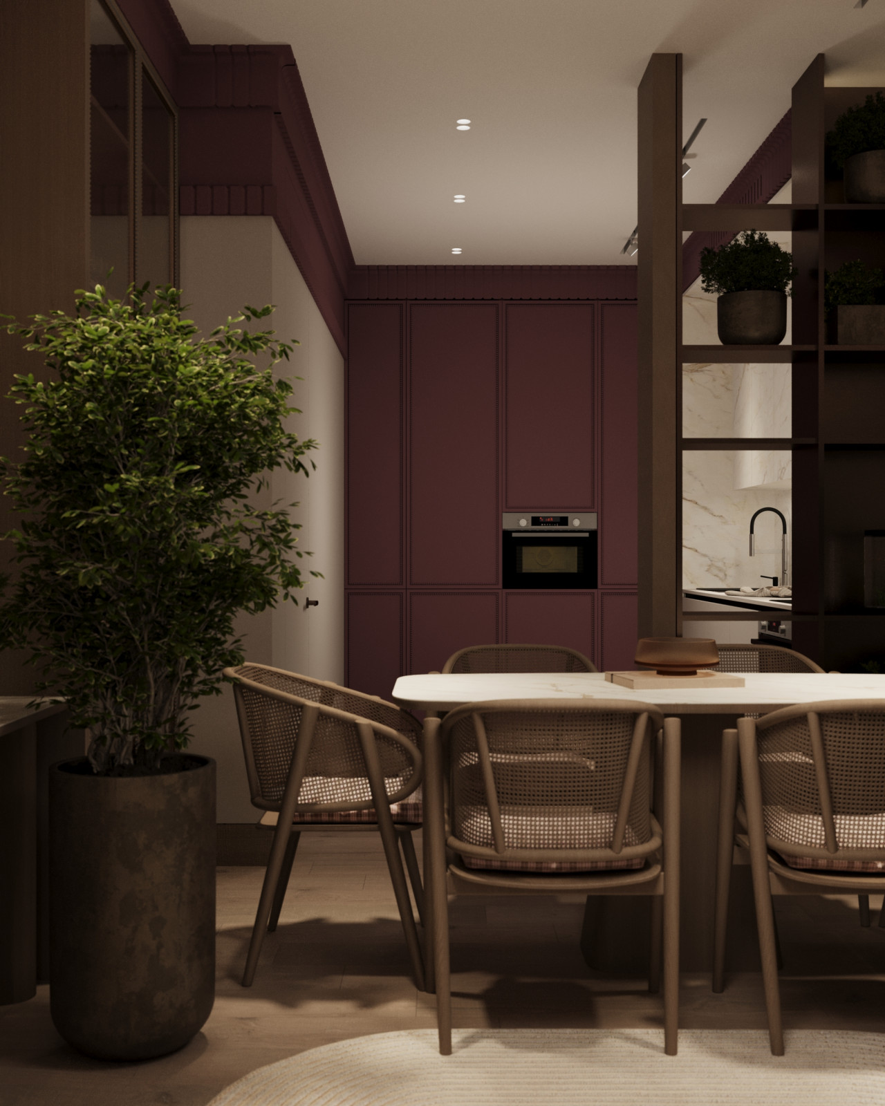 Кухня-гостиная с нотками бордо