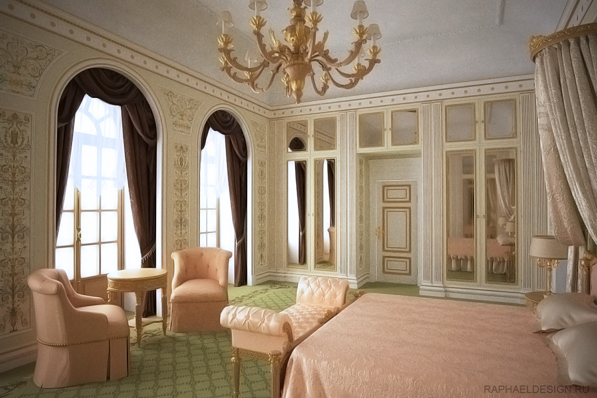Дизайн проект интерьера спальни загородного дома в неоклассическом стиле