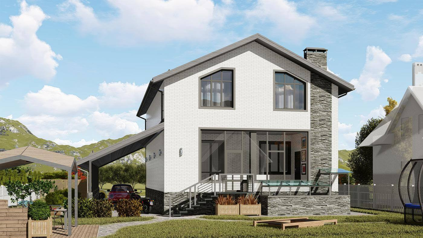 Проект дома с мансардой и гаражом в цокольным этаже