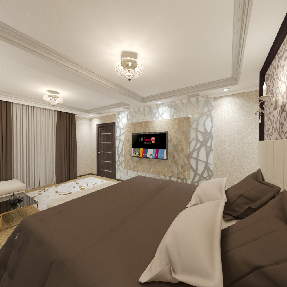 Спальня для семейной пары с переходом в гардеробную