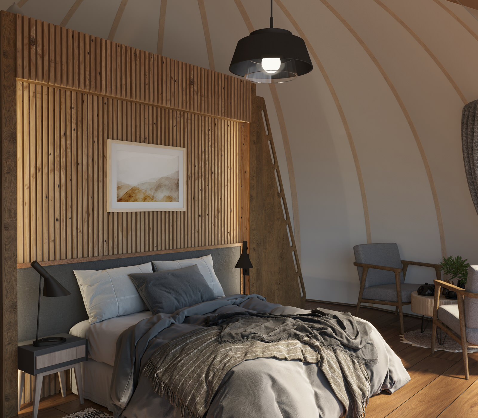 Визуализация интерьера геокупола для Freedome на белом фоне