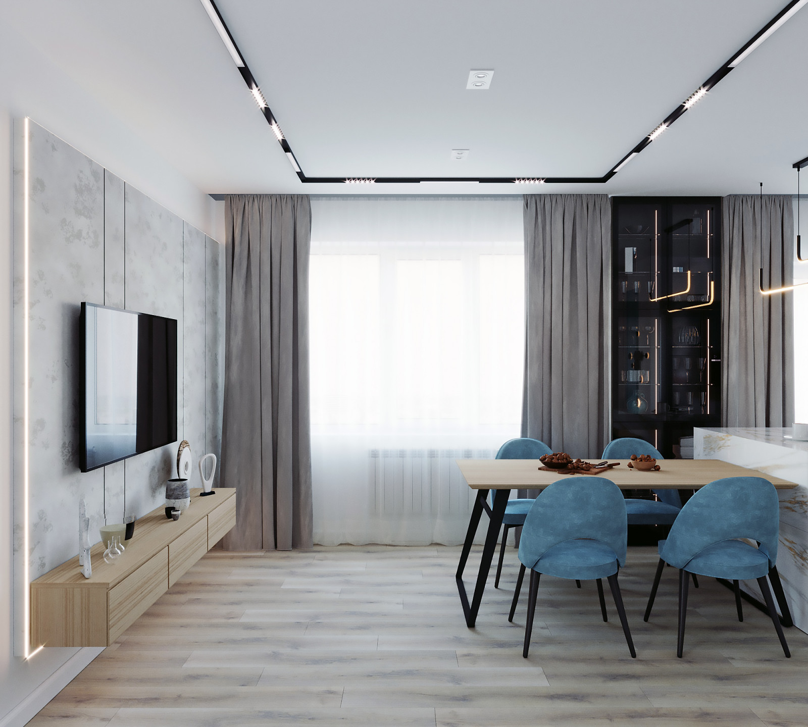 Гостиная с голубым акцентным цветом