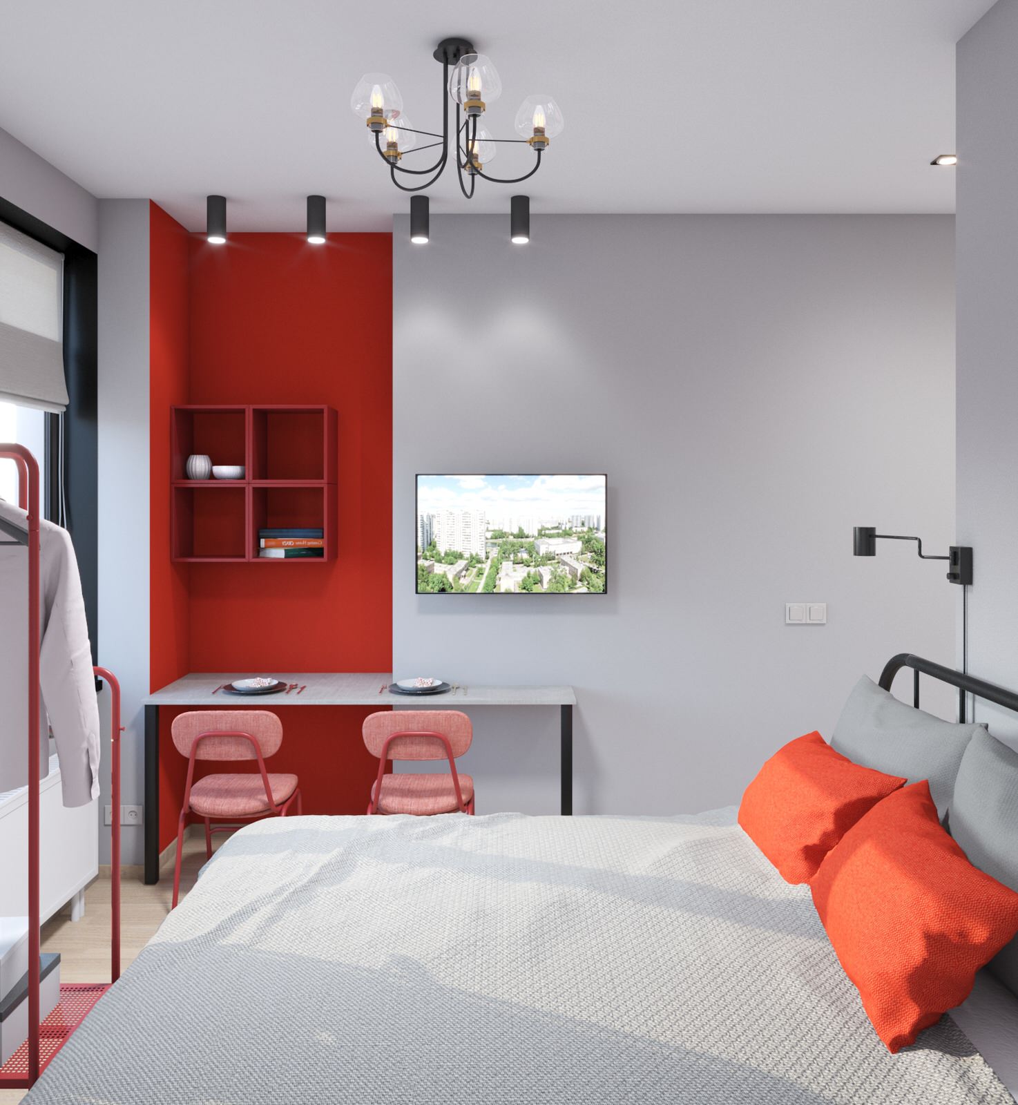 Студия с красными акцентами