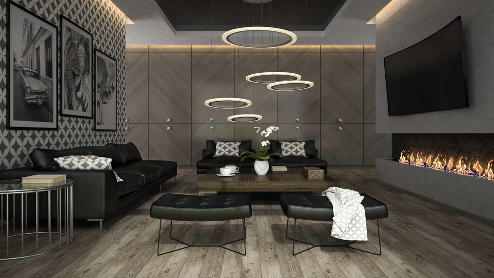 Гостиная с камином в стиле фьюжн