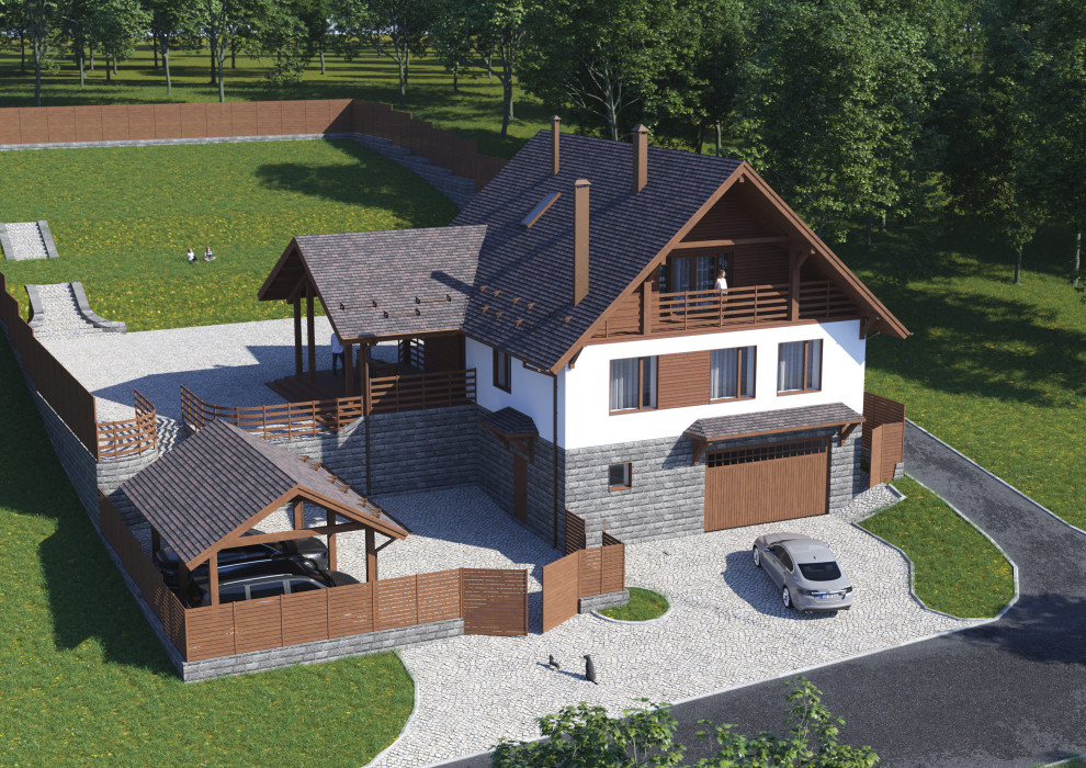 Проект 3-этажного 5-комнатного мансардного дома в стиле шале