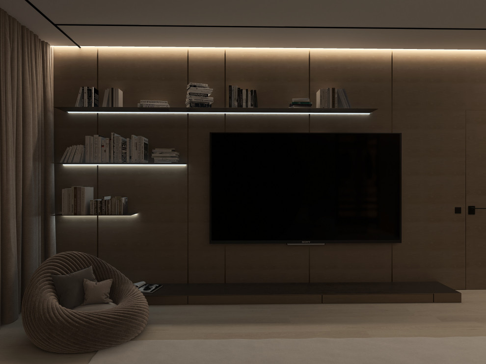 Обложка проекта: Мастер-блок с собственным гардеробом, необычным полками для книг и ковром на всю