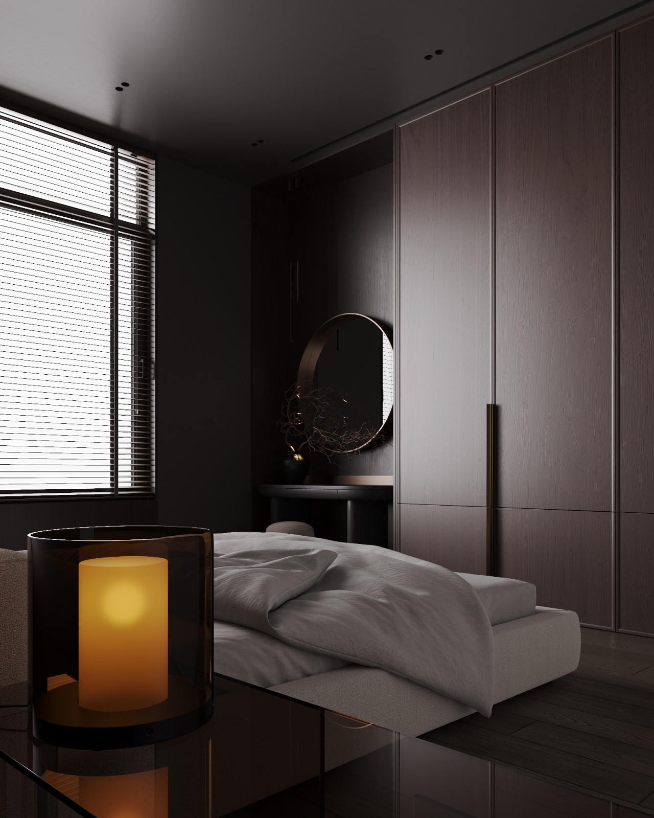 Визуализация интерьера спальни в темных тонах