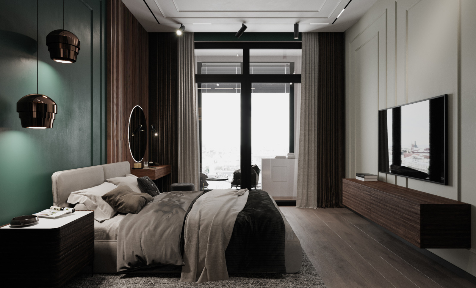 Дизайн спальни с изумрудным цветом и гардеробной комнаты