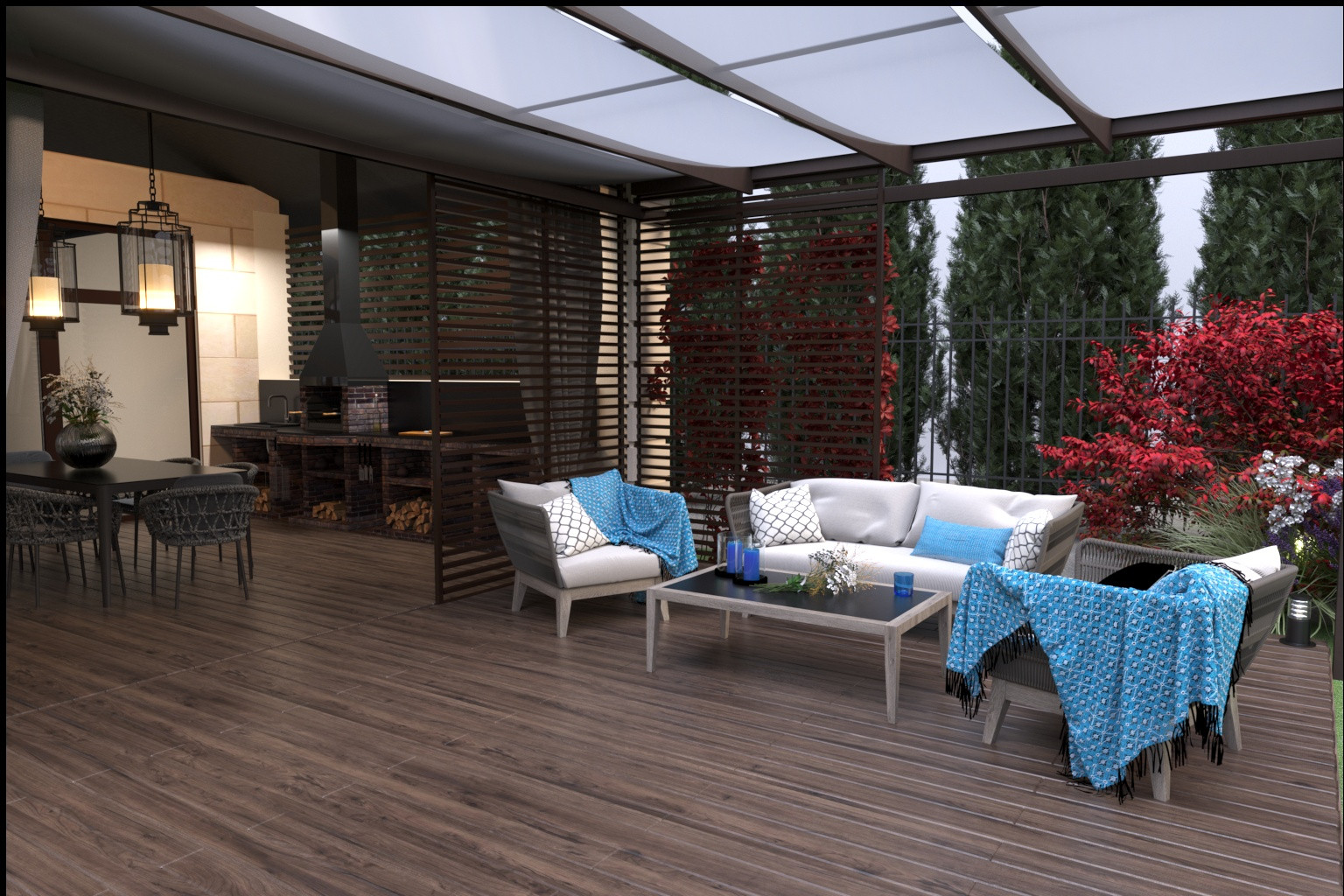 Ландшафтный проект участка с зоной барбекю и банным комплексом..