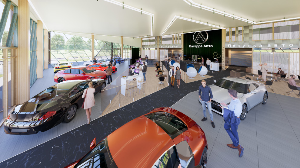Дизайн интерьера шоу-рума и концепция фасадов для дилерского центра автомобилей
