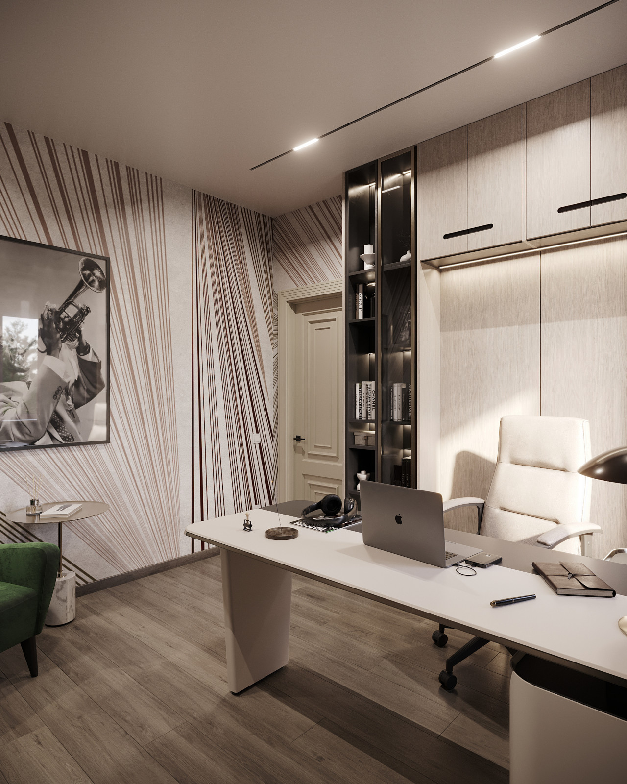 Дизайн и 3д-визуализация кабинета в загородном доме. Вариант 1.