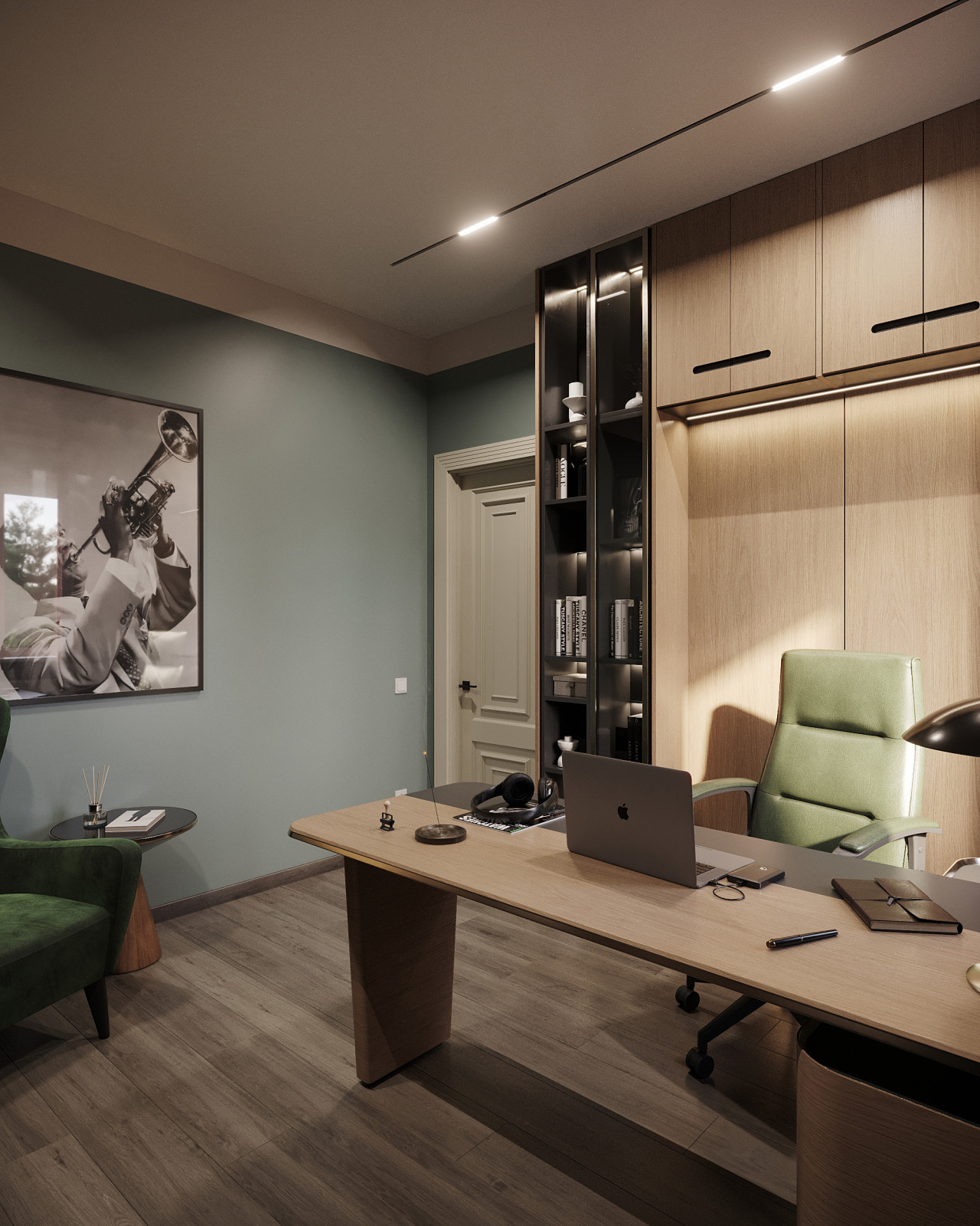 Дизайн и 3д-визуализация кабинета в загородном доме. Вариант 2.