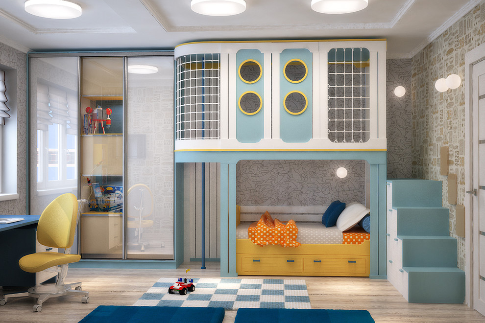Sportive kids room for 2 children in blue and red - 3D vizualization