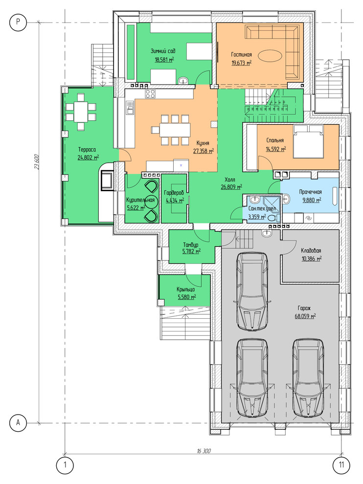 Проектирование. Двухэтажный жилой дом из кирпича с подвалом и гаражом (S=454.9м)