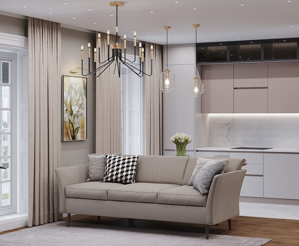 Кухня-гостиная в современном стиле с элементами классики