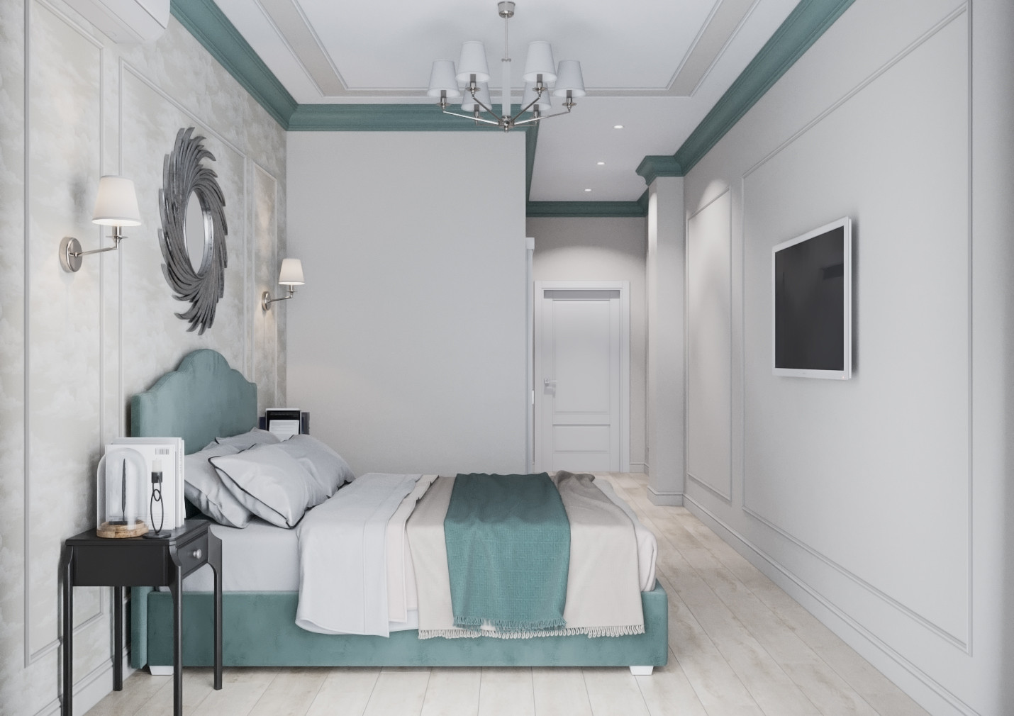 Дизайн интерьера в неоклассике с зелеными акцентами