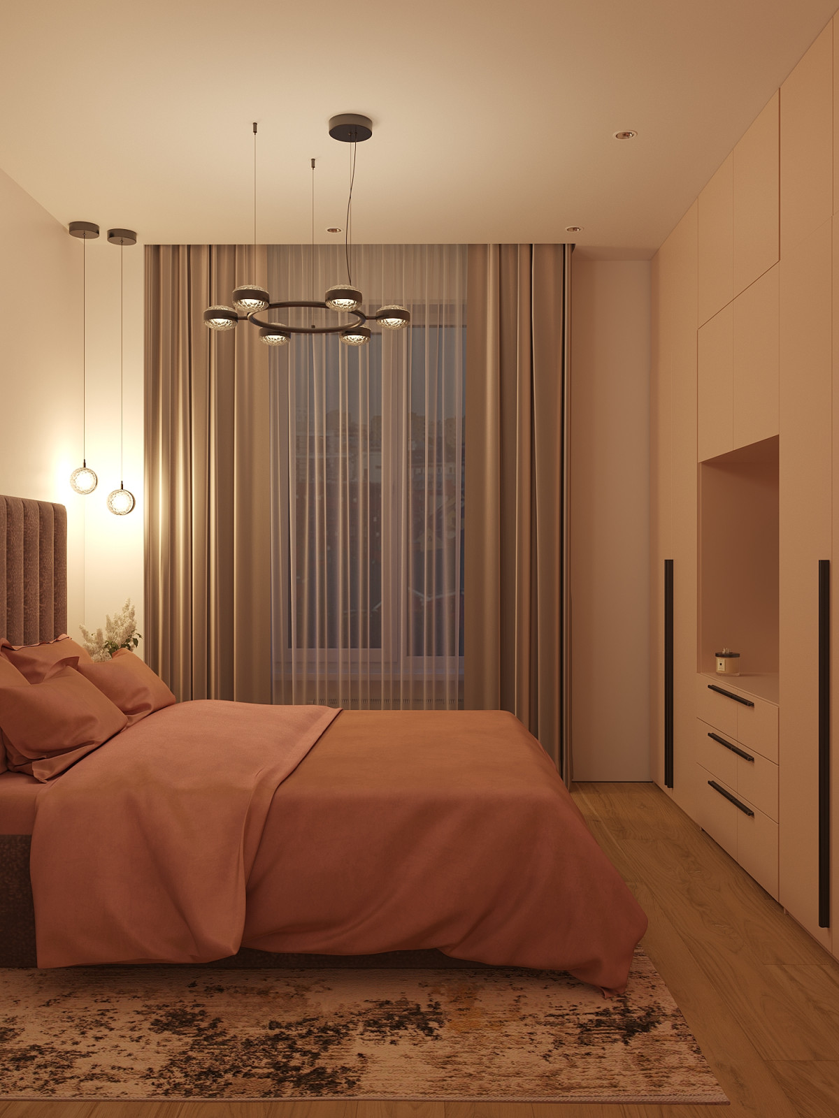 Спальня с дневным и вечерним сценариями освещения