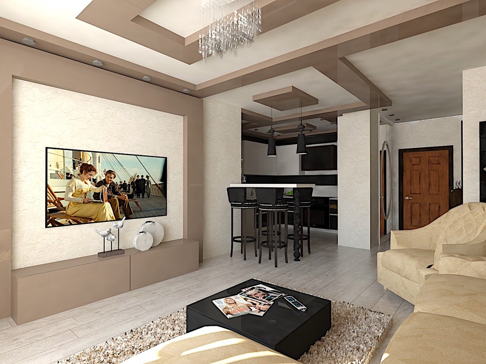 Объединение пространства коридора, кухни и гостиной