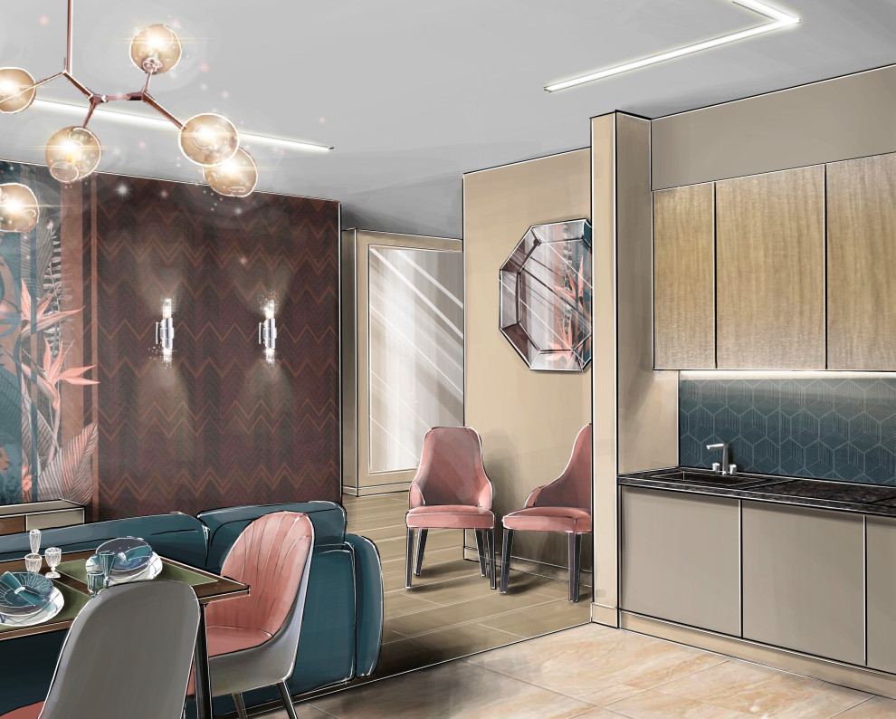 Гостиная-кухня с синим диваном