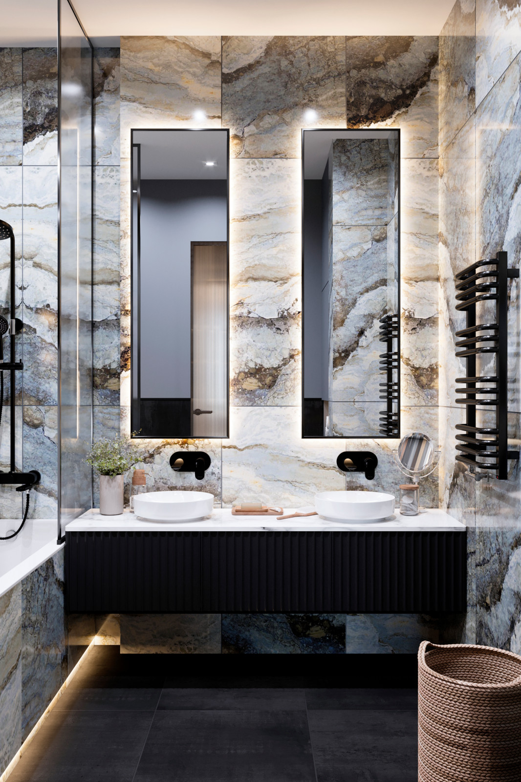 Ванная комната с гардеробной (мастер спальня). Ванная отделана керамогранитом